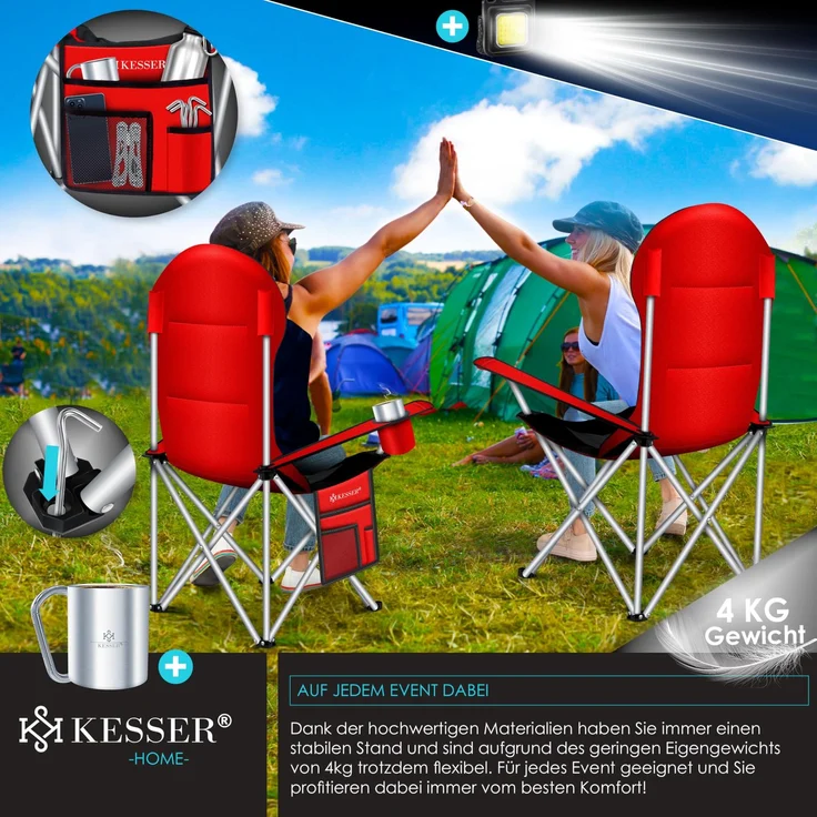 KESSER® Campingstuhl faltbar bis 150 kg Angelstuhl Faltstuhl Klappstuhl Gepolstert mit Armlehnen, Getränkehalter + Tasche mit hoher Rückenlehne, Strandstuhl, Klapphocker Rot / Schwarz – Bild 9