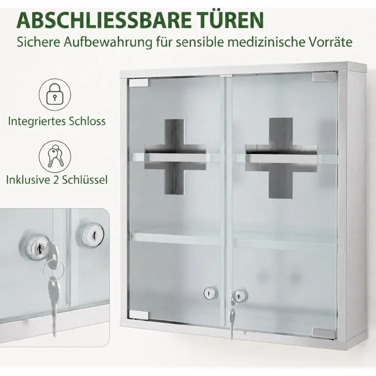 Medizinschrank 48 x 46 x 12 cm mit abschließbaren Milchglastüren und sechs Aufbewahrungszonen – Bild 5
