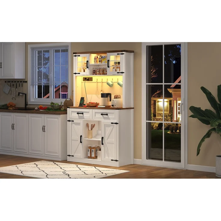 ZUBALIYA Buffetschrank 100x40x172 cm, mit LED-Beleuchtung, mit Steckdosen, mit verstellbaren Einlegeböden, aus MDF, Braun / Weiß – Bild 16
