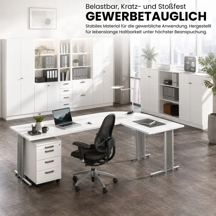 bümö Schreibtisch N-Serie 140x80 cm, Tischplatte aus Holz in weiß, Gestell aus Metall in Silber - PC Tisch, Computertisch für's Büro, Office Bürotisch, NS-14-W-S – Bild 2