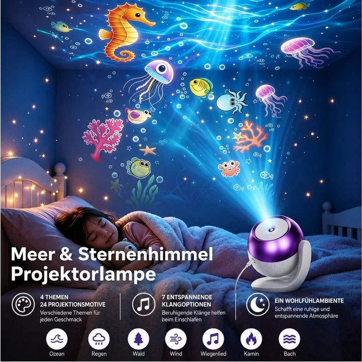Fyrove Projektionslampe Sternenhimmel Projektor Nachtlicht mit 24 Projektionsmotiven, 4 Themenwelten, 7 beruhigenden Klängen, 60/90-Min.-Timer – Bild 3