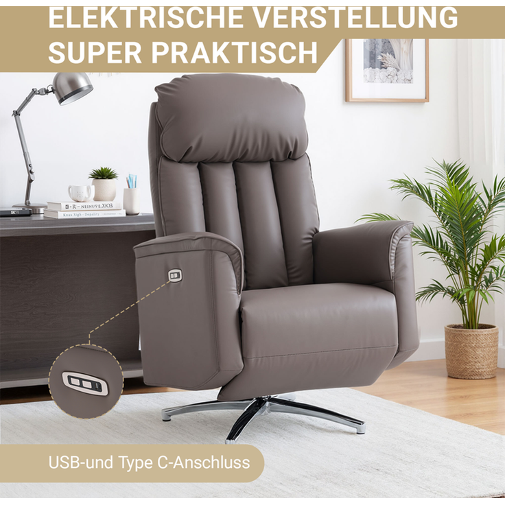 HOME NATURE WOHNKONZEPT Elektrischer Relaxsessel mit USB-Anschluss, elektrisch verstellbarer TV-Sessel mit Liegefunktion, Kunstleder Braun, bis 350 kg, FT9202 – Bild 5
