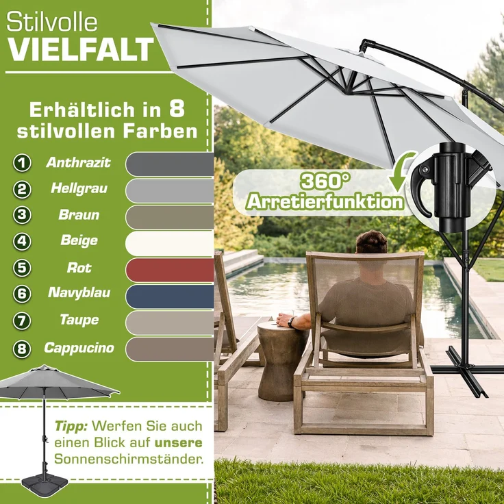 tillvex Sonnenschirm Grau Ø 350 cm Ampelschirm Gartenschirm Marktschirm Kurbel Balkon Alu Neigbar Grau - Ø350cm – Bild 5