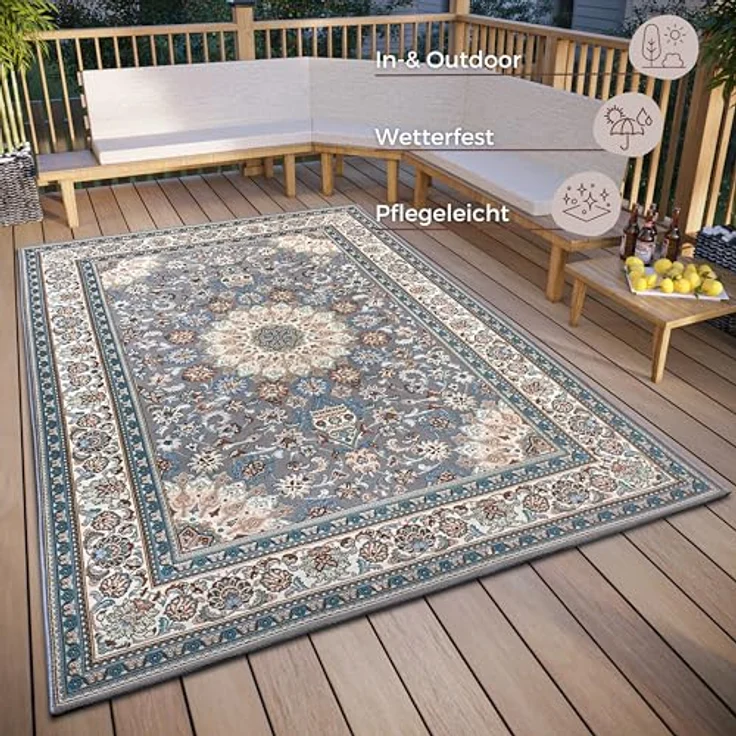 Hanse Home Kadi In- & Outdoor Teppich Orientalisch – Orient Flachgewebe, Orientalisches Design Klassisch, ÖKO-TEX Wetterfest & UV-beständig für Balkon, Terrasse, Garten – Grau Creme, 80x165 cm – Bild 3