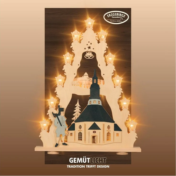 Weigla Lichterbogen Seiffener Kirche, große Lichterspitze aus Holz, Made in Germany (1-tlg), Erzgebirge garantiert, Weihnachtsdeko Innen, Weihnachtsbeleuchtung – Bild 1