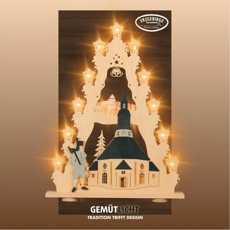 Weigla Lichterbogen Seiffener Kirche, große Lichterspitze aus Holz, Made in Germany (1-tlg), Erzgebirge garantiert, Weihnachtsdeko Innen, Weihnachtsbeleuchtung