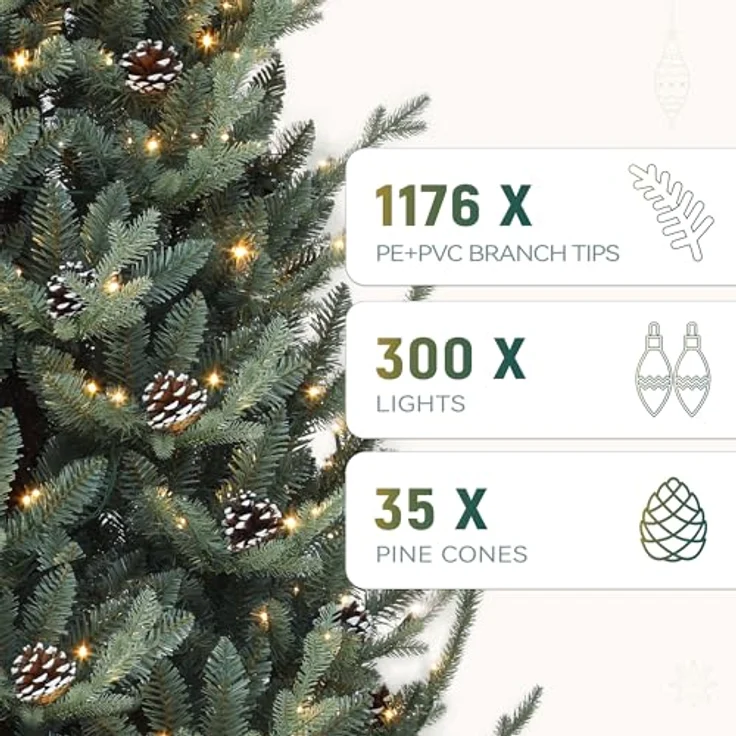 YITAHOME 180cm Weihnachtsbaum mit Fernbedienung, Vordekorierter Künstlicher Weihnachtsbaum mit Scharniertechnologie, 1176 Gemischte PE/PVC-Spitzen, 35 Tannenzapfen, 300 Lichter & 11 Lichtmodi – Bild 6