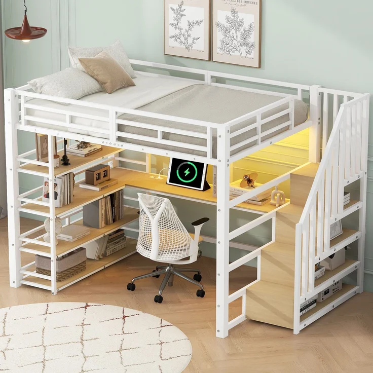 Hochbett mit RGB LED-Streifen, Schreibtisch, Lattenrost, Regal und USB, Treppe mit Regal, 140x200 cm, Kinderbett mit Rausfallschutz, Metallbett – Bild 1