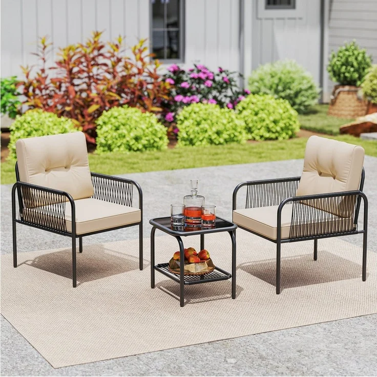COSTWAY Balkonset, (3-tlg), 1 Tisch, 2 Stühle Gartenmöbel mit Kissen, Rattan – Bild 3