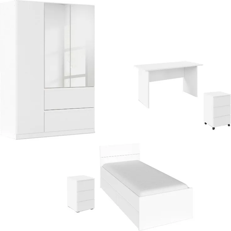 rauch Jugendzimmer-Set Komplettzimmer Schlafzimmer-Set (5-St) Jugendzimmer-Set JOEL, (Set, 5-tlg, Bett 90x200 oder 140x200 cm, Ausstattungspakete BASIC/CLASSIC/PREMIUM), Bett 2 Breiten,Nachttisch,Tisch,Rollcontainer,Schrank MADE IN GERMANY