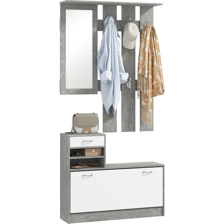 Eingangsmöbel-Set mit Kleiderstange mit 6 Haken, Schuhschrank mit Schublade und Spiegel, grau