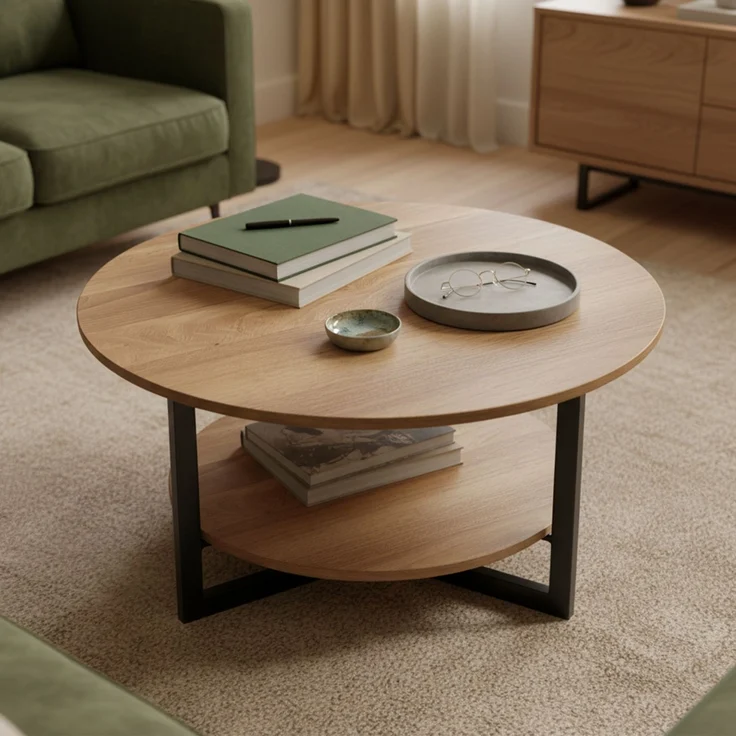 skølm 'Drakkar' Couchtisch rund, Massivholz Eiche, natur geölt, Wohnzimmertisch Ø70 cm mit Metallgestell, Beistelltisch für Wohnzimmer mit Ablage – Bild 3