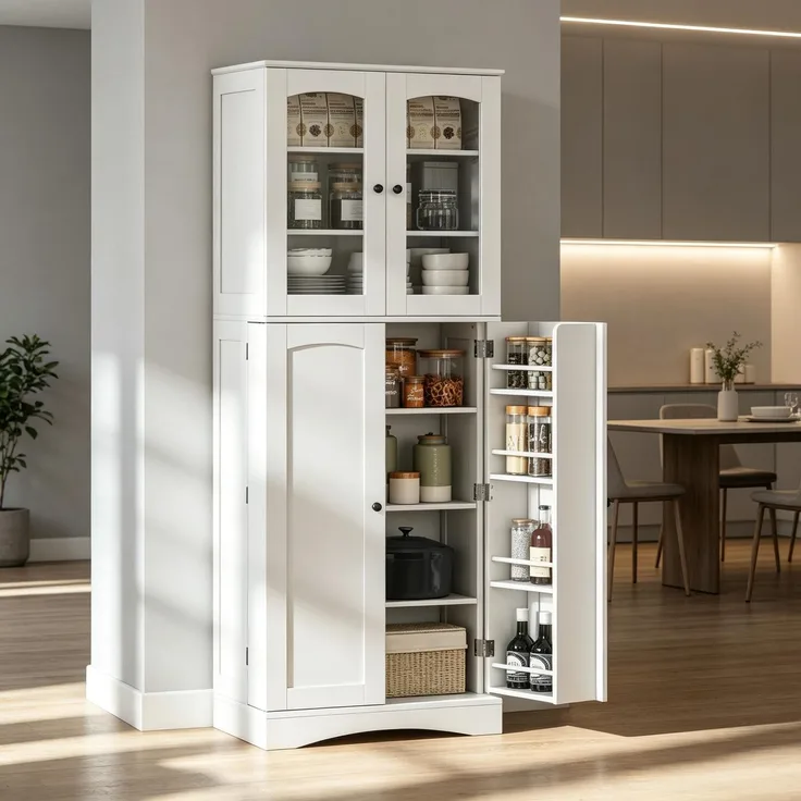 Küchenvitrinenschrank B 60 x T 40 x H 162 cm aus MDF mit verstellbaren Regalen
