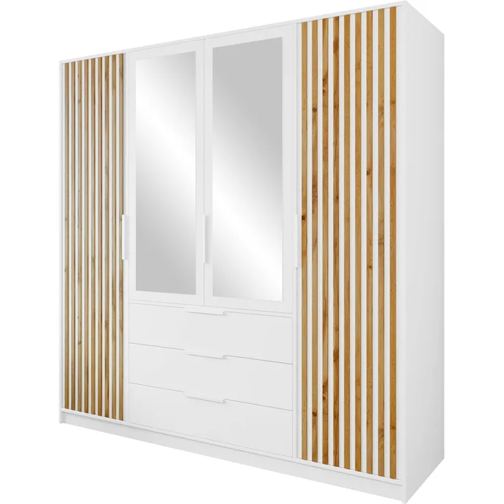 Mirjan24 'Bado Lux 4D' Kleiderschrank mit Schubladen und Spiegel, Laminatplatte Eiche Wotan / Weiß, 200 x 58 x 196 cm