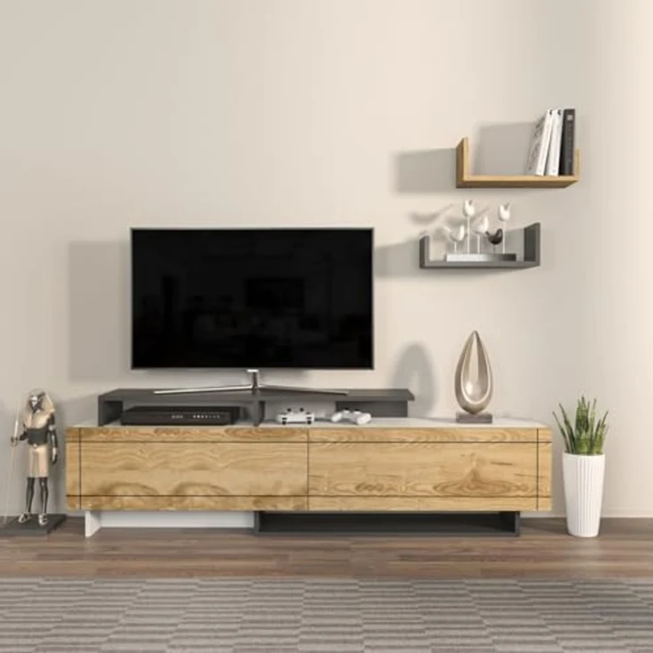 Hanah Home Stylish TV Stand, 180 cm, White & Oak with Anthracite Accents | 100% Melamine Coated Particle Board, 18 mm Thick | Modern Design for Living Room – Bild 1
