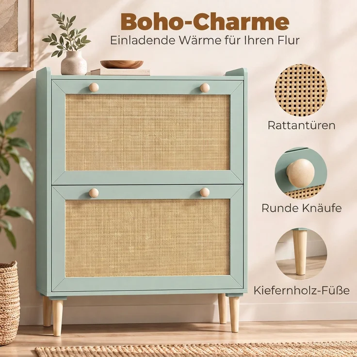 HOMCOM Schuhschrank, MDF, Kiefernholz, Hellgrün, 80 x 26 x 101 cm – Bild 4