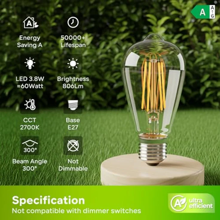 LVWIT 3.8W E27 E27 LED Warmweiss Energieklasse A, Filament Lampe Glühfaden ST64, 2700K Warmweiß, ultrahell 806 Lumen, ersatz 60W, Rustikalampe ST64, Nicht Dimmbar (6er Pack) – Bild 3