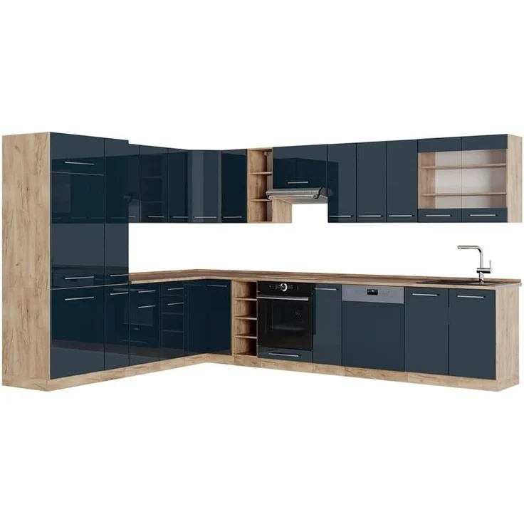 Eckküche Fame-Line Dunkelblau Hochglanz/Goldkraft Eiche 347 x 257 cm ohne Arbeitsplatte Vicco – Bild 1