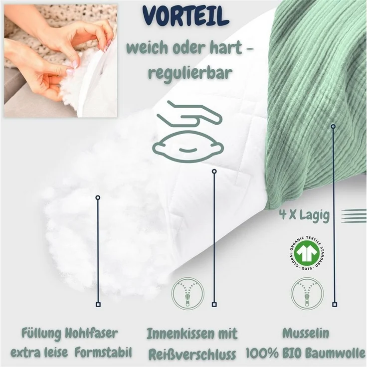 SEI Design Stillkissen Seitenschläferkissen XXL Babynest - Baby Erstausstattung Neugeborene, Schwangerschaftskissen 190x30 cm, Schwangerschaftskissen mit Bezug, Musselin Bezug 100% BIO Baumwolle, 100% Vegan – Bild 2