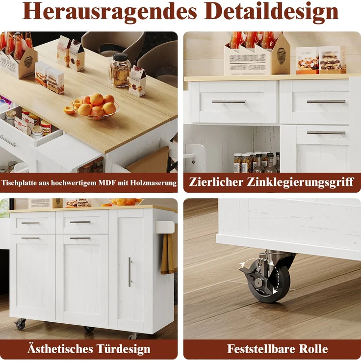 Moderne Kücheninsel, Küchenschrank, buffetschrank, Speisewagen mit Holzmaserung, Multifunktionale Esstisch mit Speicherraum, Speisewagen mit Snackregalen und Stretchfunktionsschränken,weiß – Bild 6