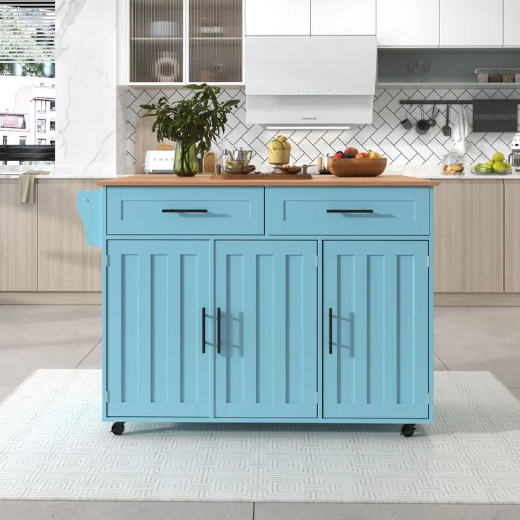 129x46(71)x91,5 cm großer Speisewagen/Sideboard, Arbeitsplatte mit Massivholzmaserung + blauer Schrank/faltbare Arbeitsplatte/Aufbewahrungstür-Design/Räder/Massivholzfüße umschaltbar/für Zuhause geeig – Bild 10