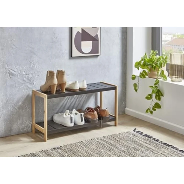 Homes & Jones Schuhregal Francis 69,8x26x36 cm aus schwarzem Holz - Regal mit 2 Ablagen für Schuhe- Kompaktes Schuhregal für Flur, Diele - stilvoll, funktional & platzsparend – Bild 2