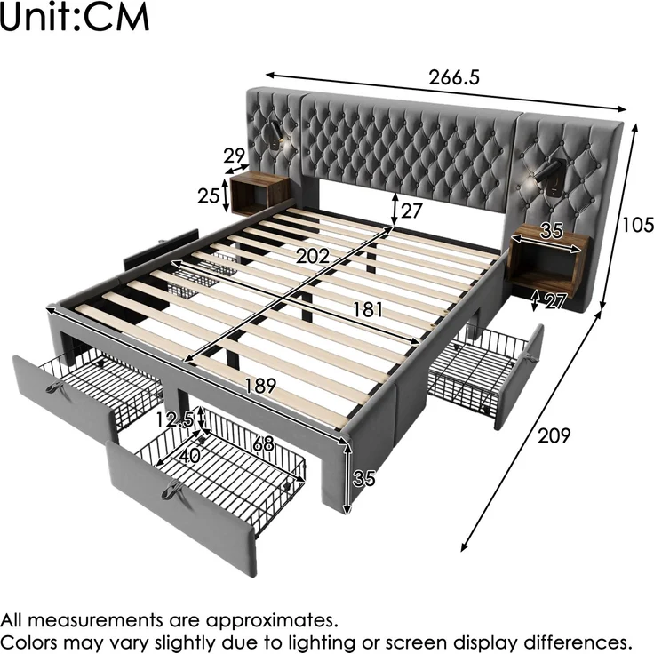 Bettanlage Schlafzimmer Komplett Set, Polsterbett Doppelbett 180×200 cm mit 2 Nachttischen und 4 Schubladen, Kopfteil Leselicht mit USB Ladefunkt – Bild 2