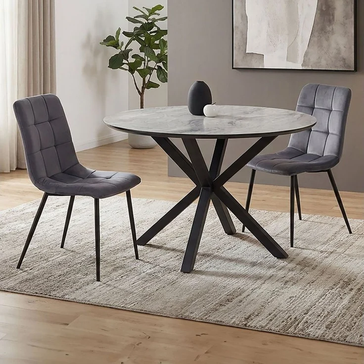 Homestyle4u Essgruppe 5tlg / 3tlg. rund Ø110 2/4 Polsterstühle grau Metallgestell Steinoptik, (3-tlg), 3-teilig, kratzfest, mspritzwasserfest, Tisch mit Essstuhl – Bild 3