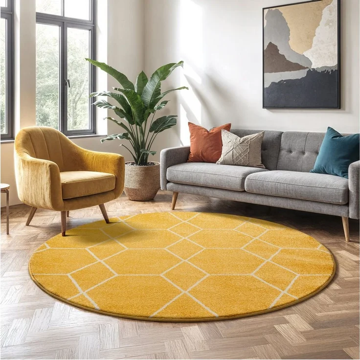 Sanat Teppich Trellis, rund, Höhe: 10 mm, Kurzflor, skandi, boho, auch als Läufer und in rund – Bild 1
