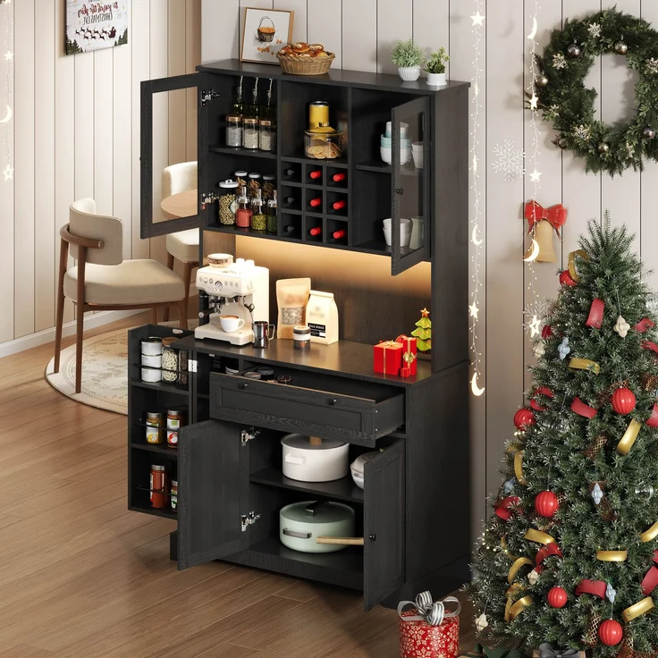 Küchenschrank, Hochschrank, Aufbewahrungsschrank, Vitrinenschrank mit Tür, integriertem Gewürzregal, verstellbaren Einlegeböden,mit farbwechselnder LED-Beleuchtung und Steckdose, 180 × 105 × 40 cm--Schwarz--105x40x180cm--YOUDENOVA – Bild 9