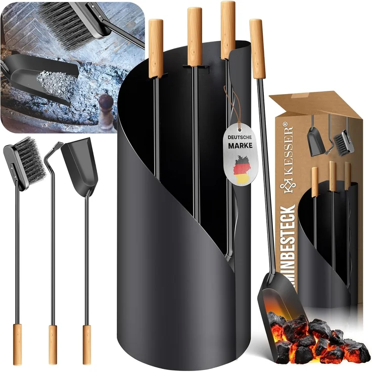 KESSER® Kaminbesteck Set 4-teiliges Kaminzubehör – Modern Design, beschichtet, Hochwertige Kamingarnitur aus 4 Teilen: Besen, Schaufel, Schürhaken, Ständer Stahl Edelstahlgriffe Anthrazit – Bild 1