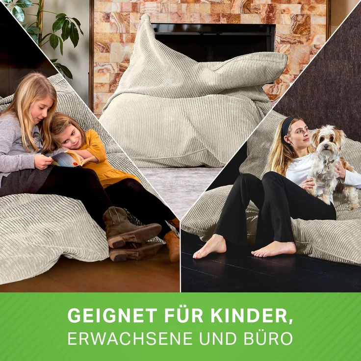 Green Bean® XXL Sitzsack aus Cordstoff 370 Liter mit EPS-Perlen Füllung - Kuschelig Weich Robust & Waschbar - Sitzkissen Beige – Bild 3