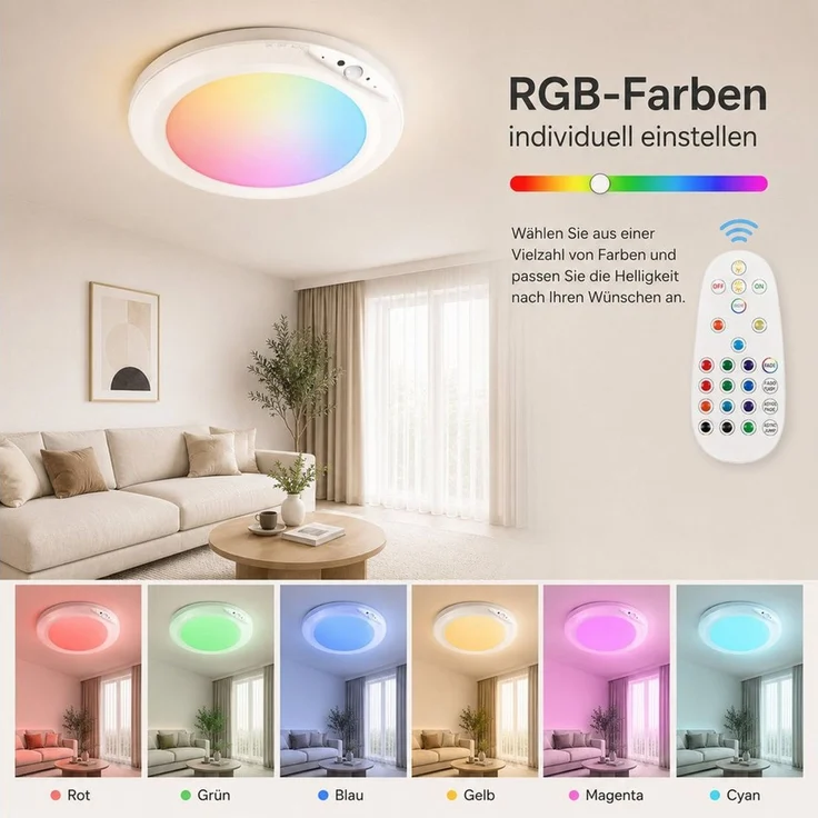 ibettertec Deckenleuchte LED Deckenleuchte Akku RGB Deckenleuchte Flach Rund Ø20CM 4200 mAh, LED fest integriert, mit Bewegungsmelder, 6500K RGB, akku deckenleuchte, deckenlampe ohne bohren, deckenlampe bunt, für Schlafzimmer Küche Keller Balkon Büro W... – Bild 3