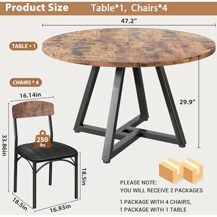 Esstisch Runder und 4 Esszimmerstühle Set, Essgruppe 5-Teilig, Küchentisch mit stabilem Metallgestell und 4 stühle, platzsparender Esszimmertisch aus Holz im Industrial Design (Vintage Braun, 120cm) – Bild 8