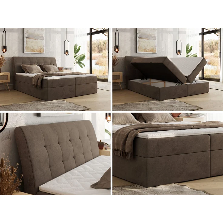 Boxspringbett DAGOS 200 x 200 cm mit Kopfteil, Lattenrost und Stauraum – Doppelbett mit Matratze & Topper Visco , stabile Konstruktion, Bettkasten, modernes Design - Braun Velvet - H3 – Bild 2
