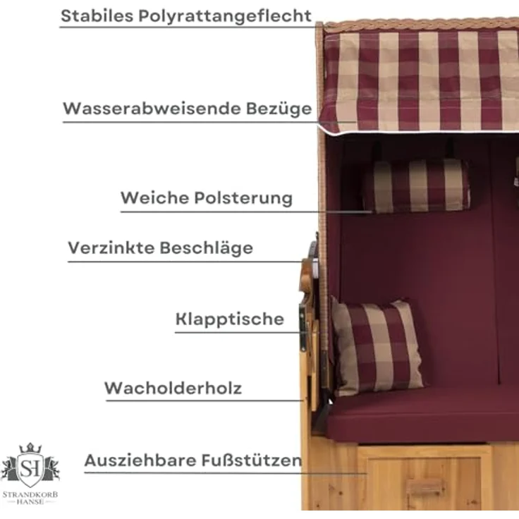Strandkorb Hanse Strandkorb Strandkorb Ostsee Burgund AFC rot grün beige, BxTxH: 120x80x160 cm, Volllieger, Ostsee-Modell, Stabiles Wacholder mit handgefertigtem Polyrattangeflecht – Bild 6