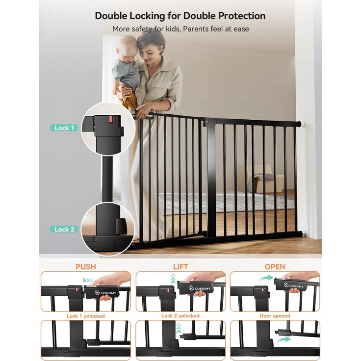 COMOMY 75-131cm Treppenschutzgitter Ohne Bohren, Türschutzgitter Automatisches Schließen mit Grün/Rotem Schild, Baby schutzgitter Kindergitter Hundegitter für Treppe (76cm Hoch, Schwarz) – Bild 4