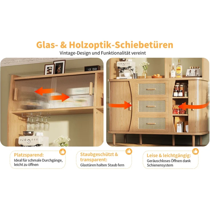 TavilaEcon Küchenbuffet Hochwertiger Buffetschrank mit Rattanoptik & Glasschiebetüren natur 174,5 × 40,5 × 140 cm (H × T × B) – Bild 8