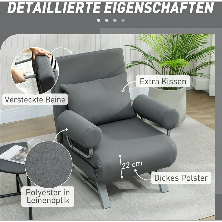 HOMCOM Schlafsessel, Polyester, Metall, Dunkelgrau, 78 x 73 x 81 cm – Bild 6