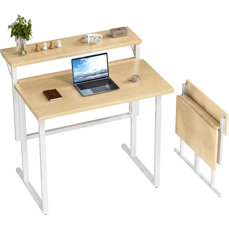 JUMMICO Schreibtisch Klappbar, 80 cm Kleiner Schreibtisch mit Monitorablage, 2-stufiger Klapptisch für Home Office, Büro, Schule, Computertisch für kleine Räume, Beige