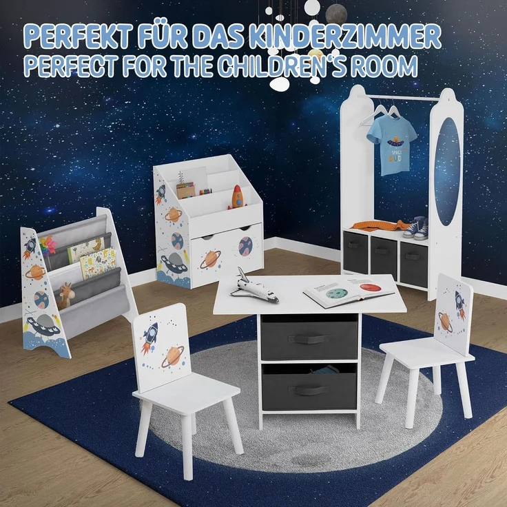 Joyz Spielzeugtruhe Kinderregal Kindermöbel Kinderzimmerregal Spielzeug Spielzimmer Möbel, Weltraum Kindersitzgruppe 3tlg. 1x Tisch & 2x Stühle Pressspan / Vlies – Bild 5