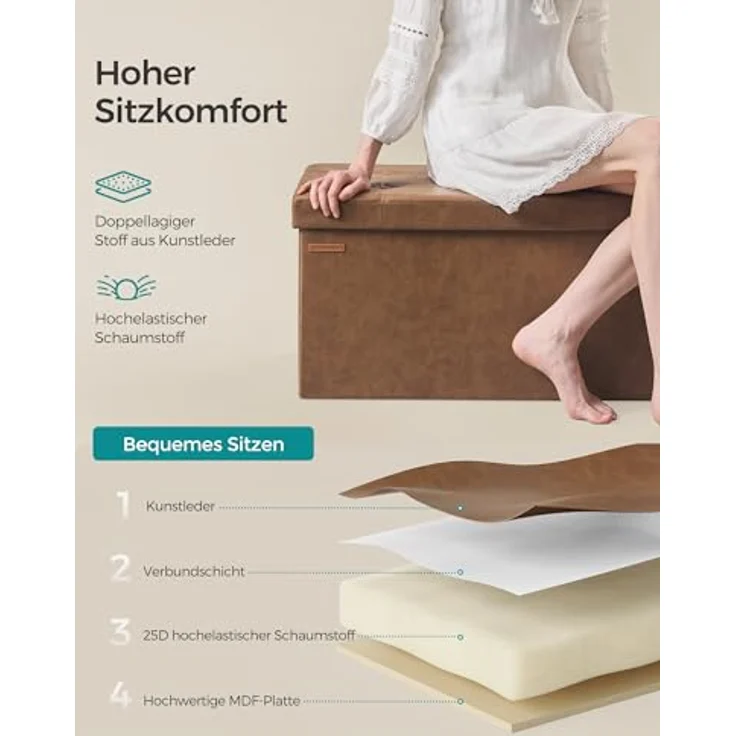 Songmics Sitzhocker mit Stauraum, klappbare Sitzbank, 38 x 76 x 38 cm Fußbank, Aufbewahrungsbox, bis 300 kg belastbar, für Wohnzimmer Schlafzimmer Flur, kaffeebraun LSF040K11 – Bild 6