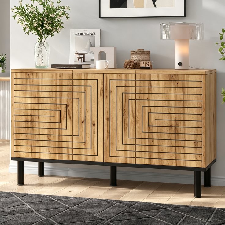 Merax Sideboard mit Wellenmuster, 3 Türen mit Rückprallmechanismus, MDF Aufbewahrungsschrank, Küchenschrank, Aufbewahrungsschrank, Holzfarbe – Bild 3