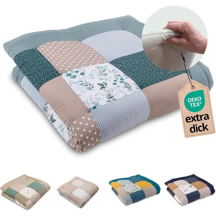 ULLENBOOM ® Baby Krabbeldecke 120x120 cm gepolstert Eukalyptus (Made in EU) - Krabbeldecke für Baby mit 100% OEKO TEX Baumwolle, ideal als Babydecke & Spieldecke