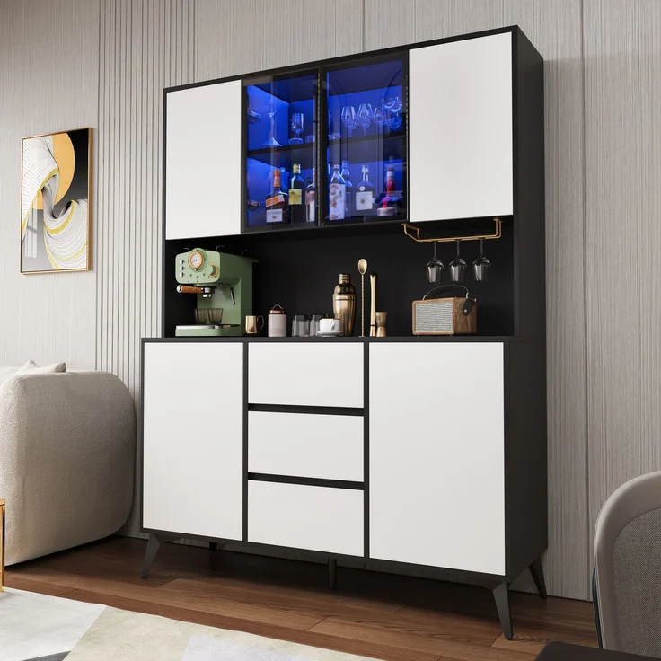 Hochschrank, Vitrine, Anrichte, Sideboard, Esszimmerschrank, Wohnzimmerschrank, Schwarz-Weiß Optik, Küchenschrank, Vitrine mit Glasfront,3 Schubladen, goldener Gläserhalter, per App farbverstellbare L--Schwarz, Weiß--120x40x160cm--YOUDENOVA – Bild 5