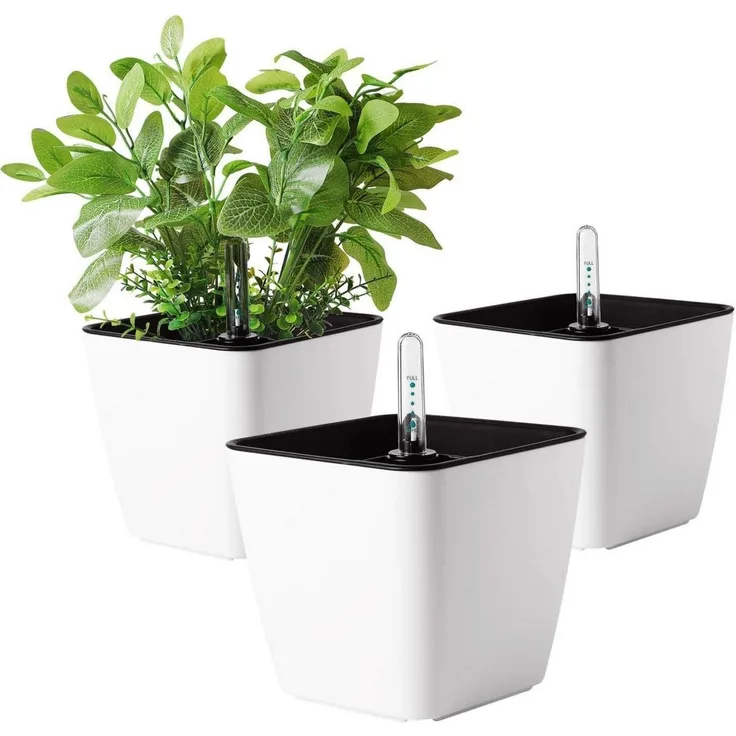 T4U 13cm Blumentopf Selbstbewässerung Weiß 3er-Set Pflanztopf