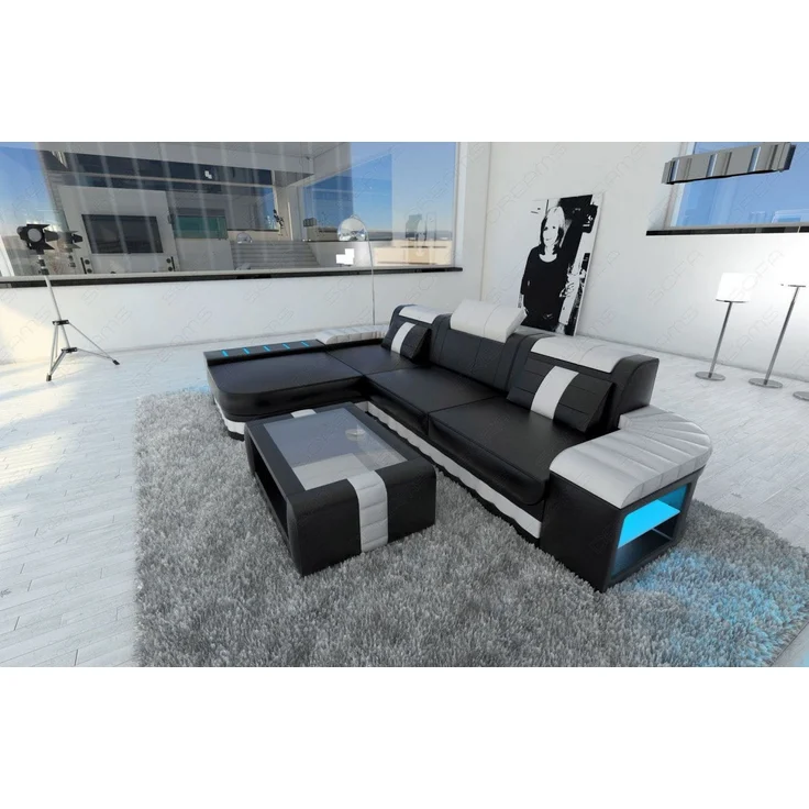Ecksofa Bellagio L Form - Echtleder - schwarz-weiß - Links – Bild 6