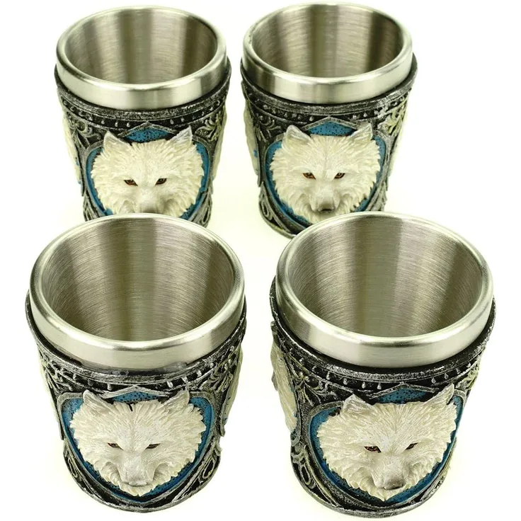 Vogler 816-1270 4er Set Shotglas Weißer Wolf mit Stahleinsatz Glas Whiskyglas