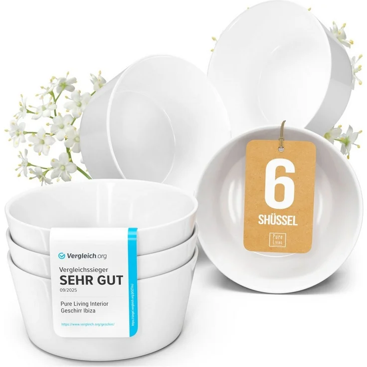 PURE LIVING INTERIOR DESIGN Geschirr-Set Crystal, 6er-Set Müslischalen, 16 cm, Riffelstruktur, Weiß (6-tlg), 6 Personen, Porzellan – Bild 1