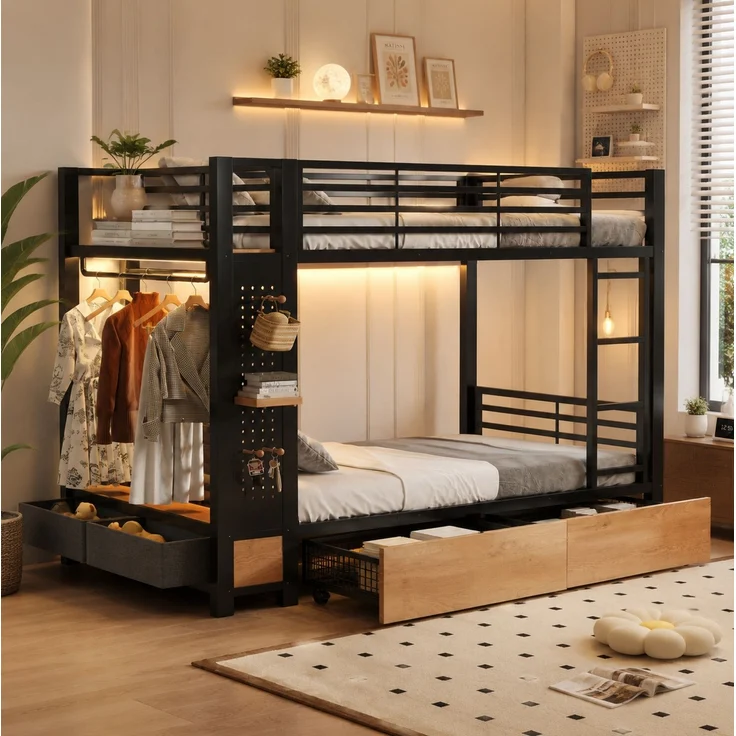 CHICFURN Etagenbett aus Metall und MDF, Schwarz, 90x200 cm, mit LED-Beleuchtung und Stauraum – Bild 3